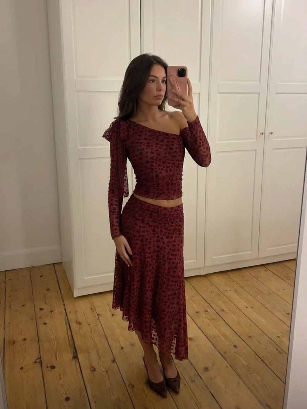 Cider MESH FLOCKING HEART SKIRT OFF SHOULDER LONG SLEEVE TOP SET burgundy wine *